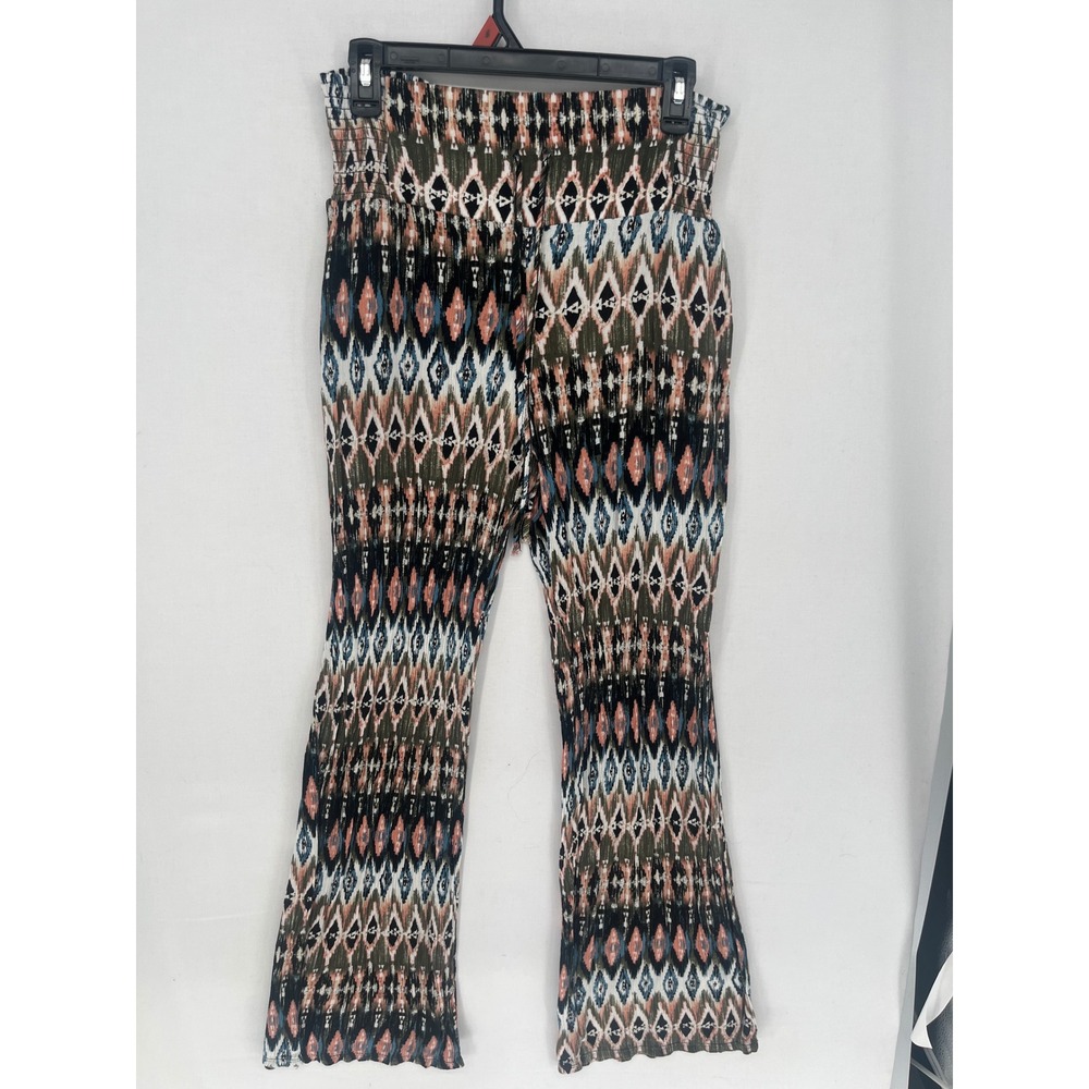Peace & Pearls Boho Geometric Ikat Print Smocked Waist Flare Pants Small